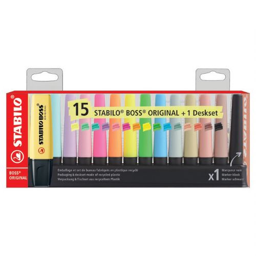 EVIDENZIATORI STABILO BOSS CONFEZIONE 15 PZ ORIGINAL + BOSS PASTEL + NATURECOLORS + NERO DESK SET
